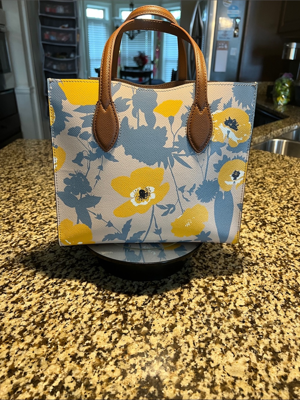 Furla Beige Tote with Yellow Floral Print and Brown Handles EUC - Picture 2 of 14